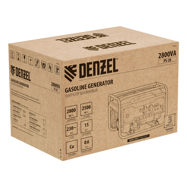 Генератор бензиновый PS 28, 2.8 кВт, 230 В, 15 л, ручной стартер Denzel в Ижевске