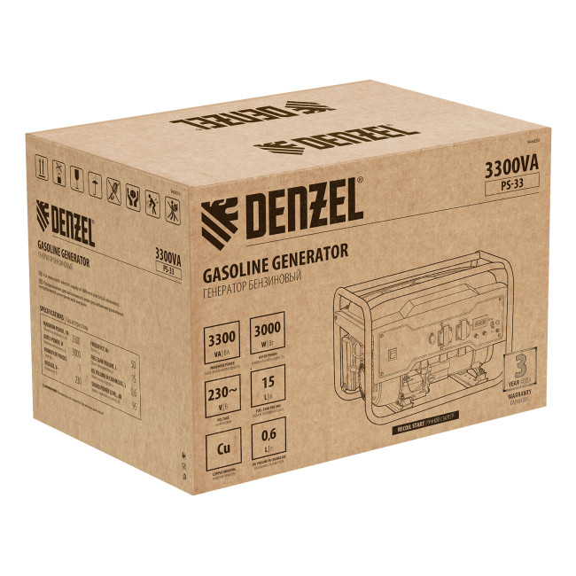 Генератор бензиновый PS 33, 3.3 кВт, 230 В, 15 л, ручной стартер Denzel в Ижевске