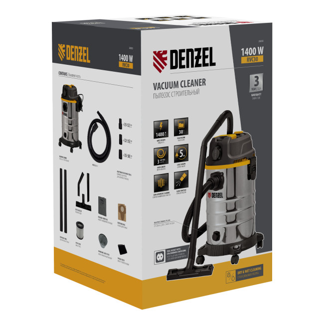 Пылесос строительный RVC30, 1400 Вт, бак 30 л, шланг 3 м, розетка с автосинхр. Denzel в Ижевске Пылесос строительный RVC30, 1400 Вт, бак 30 л, шланг 3 м, розетка с автосинхр. Denzel в Ижевске