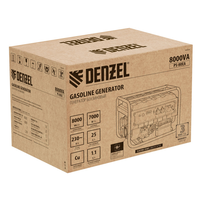 Генератор бензиновый PS 80 EA, 8.0 кВт, 230 В, 25 л, коннектор автоматики, электростартер Denzel в Ижевске