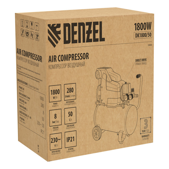 Компрессор воздушный DK1800/50, Х-PRO 1.8 кВт, 280л/мин, 50л Denzel в Ижевске