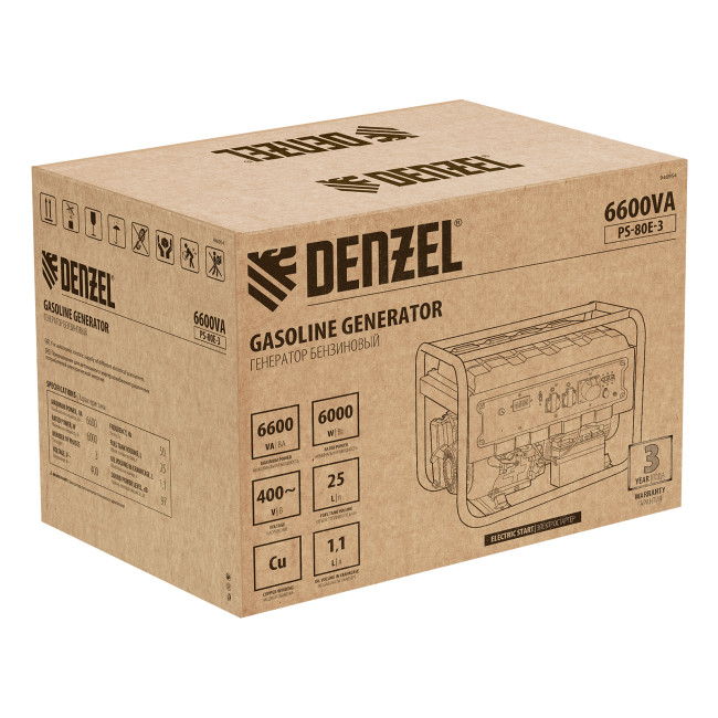 Генератор бензиновый PS 80 E-3, 6.6 кВт, 400 В, 25 л, электростартер Denzel в Ижевске