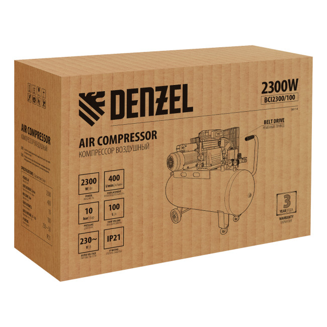 Компрессор воздушный BCI2300/100, ременный привод, 2.3 кВт, 100 литров, 400 л/мин Denzel в Ижевске