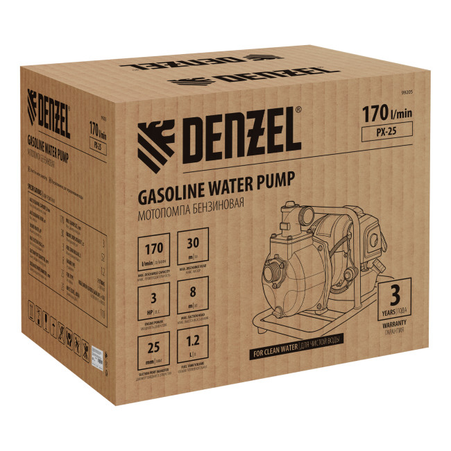 Мотопомпа бензиновая для чистой воды PX-25, 52 см3, 1", 170 л/мин, глуб 8 м, напор 30 м Denzel в Ижевске