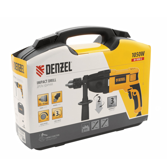 Дрель ударная ID-1050-2, 1050 Вт, 0-3000/0-1100 об/мин, 0-48000/0-17600 уд/мин, 2 скорости Denzel в Ижевске