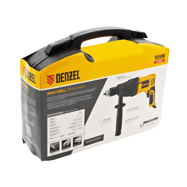 Дрель ударная ID-1050-2, 1050 Вт, 0-3000/0-1100 об/мин, 0-48000/0-17600 уд/мин, 2 скорости Denzel в Ижевске