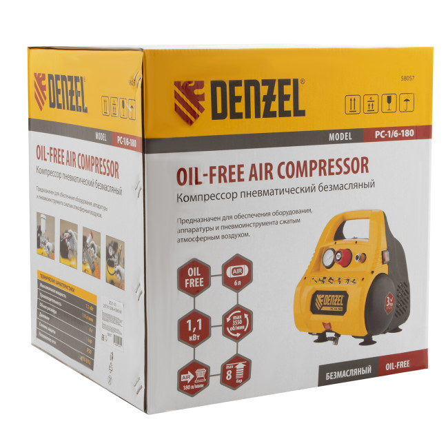 Компрессор воздушный безмасляный РС 1/6-180,1, 1 кВт, 180 л/мин, 6 л Denzel в Ижевске