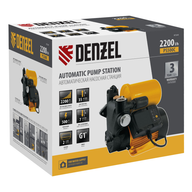 Насосная станция PS500C, 500 Вт, напор 35 м, 2200 л/ч, ресивер 2 л, блок управления Denzel в Ижевске Насосная станция PS500C, 500 Вт, напор 35 м, 2200 л/ч, ресивер 2 л, блок управления Denzel в Ижевске