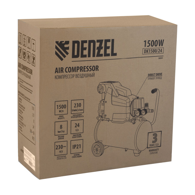 Компрессор воздушный DK1500/24, Х-PRO 1.5 кВт, 230 л/мин, 24 л Denzel в Ижевске
