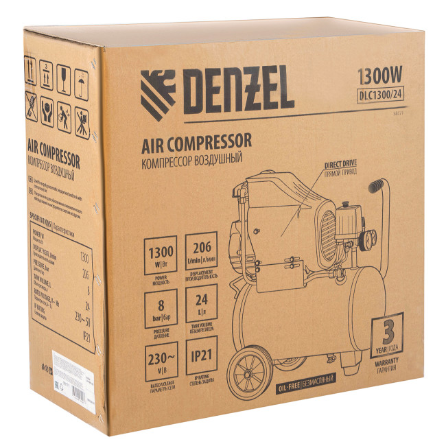 Компрессор воздушный DLC1300/24 безмасляный 1.3 кВт, 24 литра, 206 л/мин Denzel в Ижевске