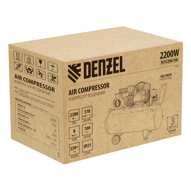 Компрессор воздушный BCV2200/100, ременный привод, 2.2 кВт, 100 литров, 370 л/мин Denzel в Ижевске