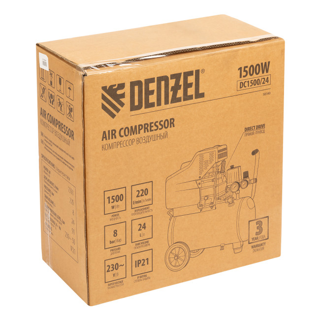 Компрессор воздушный DC1500/24, прямой привод, 1.5 кВт, 24 литра, 220 л/мин Denzel в Ижевске