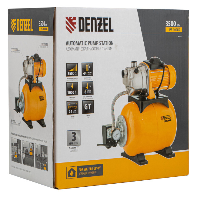 Насосная станция PS1000Х, 1000 Вт, 3500 л/ч, ресивер 24 л, подъем 44 м, нержавейка Denzel в Ижевске Насосная станция PS1000Х, 1000 Вт, 3500 л/ч, ресивер 24 л, подъем 44 м, нержавейка Denzel в Ижевске