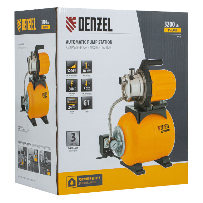 Насосная станция PS800X, 800 Вт, 3200 л/ч, ресивер 24 л, подъем 38 м, нержавейка Denzel в Ижевске Насосная станция PS800X, 800 Вт, 3200 л/ч, ресивер 24 л, подъем 38 м, нержавейка Denzel в Ижевске