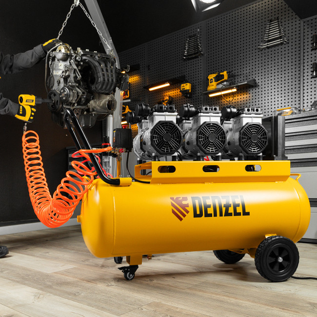 Компрессор безмасляный, малошумный DLS 3300/100, 3300 Вт,3x1100, 100 л, 570 л/мин ,блок управления Denzel в Ижевске