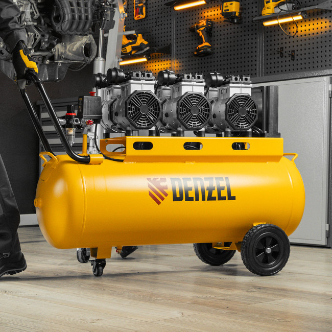 Компрессор безмасляный, малошумный DLS 3300/100, 3300 Вт,3x1100, 100 л, 570 л/мин ,блок управления Denzel в Ижевске
