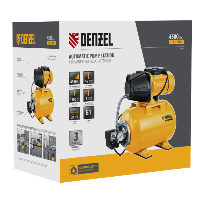 Насосная станция PS1100С, 1100 Вт, 4500 л/ч, ресивер 24 л, подъем 46 м, чугун Denzel в Ижевске
