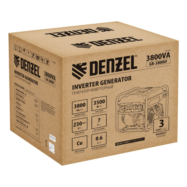 Генератор инверторный GK-3800iF, 3,8 кВт, 230 В, ручной старт DENZEL в Ижевске