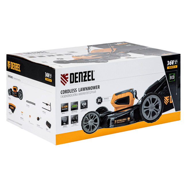 Газонокосилка аккумуляторная бесщеточная RLM450-36, Li-ion, 36 В, 4 Ач, 450 мм, травосборник 40 л Denzel в Ижевске Газонокосилка аккумуляторная бесщеточная RLM450-36, Li-ion, 36 В, 4 Ач, 450 мм, травосборник 40 л Denzel в Ижевске