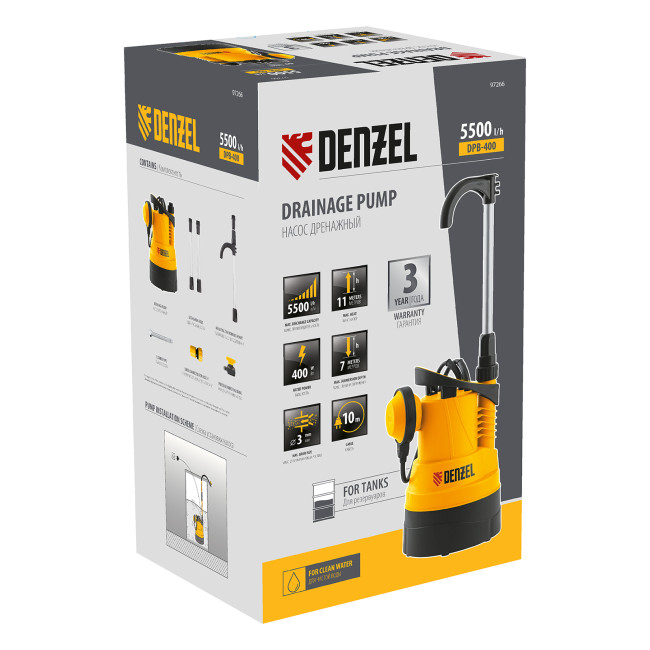 Дренажный насос для чистой воды DPB400, 400 Вт, подъем 11 м, 5500 л/ч Denzel в Ижевске Дренажный насос для чистой воды DPB400, 400 Вт, подъем 11 м, 5500 л/ч Denzel в Ижевске