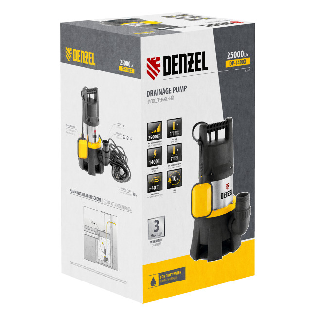 Дренажный насос DP1400X, 1400 Вт, подъем 11 м, 25000 л/ч Denzel в Ижевске Дренажный насос DP1400X, 1400 Вт, подъем 11 м, 25000 л/ч Denzel в Ижевске