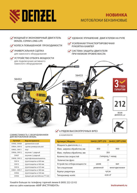Мотоблок DPT-270, 7 л.с., ремен.сцеп, шир 85 см, глуб 35 см,фрез 3х4,ШОМ,скор 2В/1Н,кол 8" Denzel в Ижевске