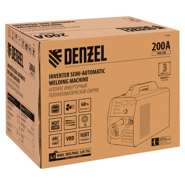 Аппарат инвертор. полуавтомат. cварки IMIG-200, 200 А, ПВ 60%, катушка 5 кг Denzel в Ижевске