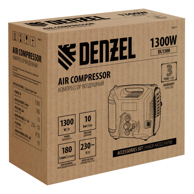 Компрессор воздушный DL1300, 10 бар, 1,3 кВт 180 л/мин 5 л, с набором аксессуаров Denzel в Ижевске
