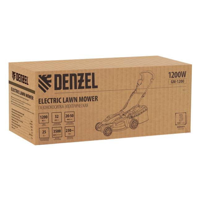 Газонокосилка электрическая GM-1200, 1200 Вт, ширина 32 см, 3 уровня, травосборник 25 л. Denzel в Ижевске Газонокосилка электрическая GM-1200, 1200 Вт, ширина 32 см, 3 уровня, травосборник 25 л. Denzel в Ижевске