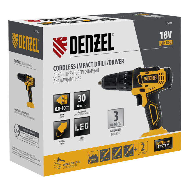Дрель-шуруповерт аккумуляторная ударная CID-18-0, Li-Ion, 18 В Denzel в Ижевске