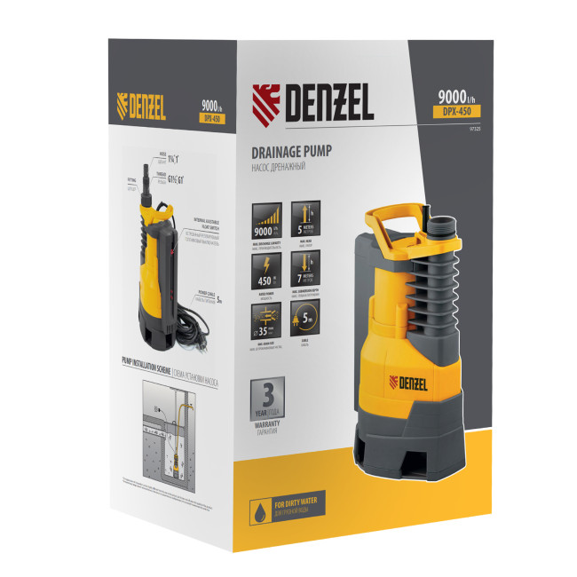 Дренажный насос DPХ450, 450 Вт, подъем 5 м, 9000 л/ч Denzel в Ижевске Дренажный насос DPХ450, 450 Вт, подъем 5 м, 9000 л/ч Denzel в Ижевске