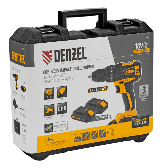 Дрель-шуруповерт аккумуляторная ударная бесщет CIDB-IB-18-02, Li-Ion, 18 В, 2 акк. Denzel в Ижевске
